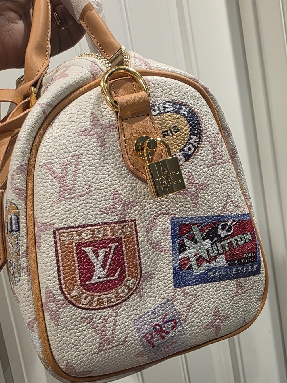 Source Unknown White and Pink Monogram Satchel with Tan Accents - Picture 3 of 6